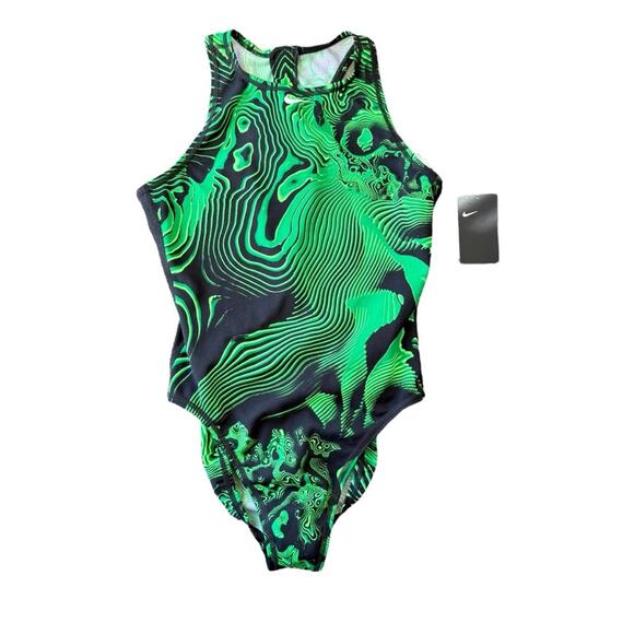 NWT Nike Women’s one piece swimsuit neon green black size 10 - Picture 1 of 7